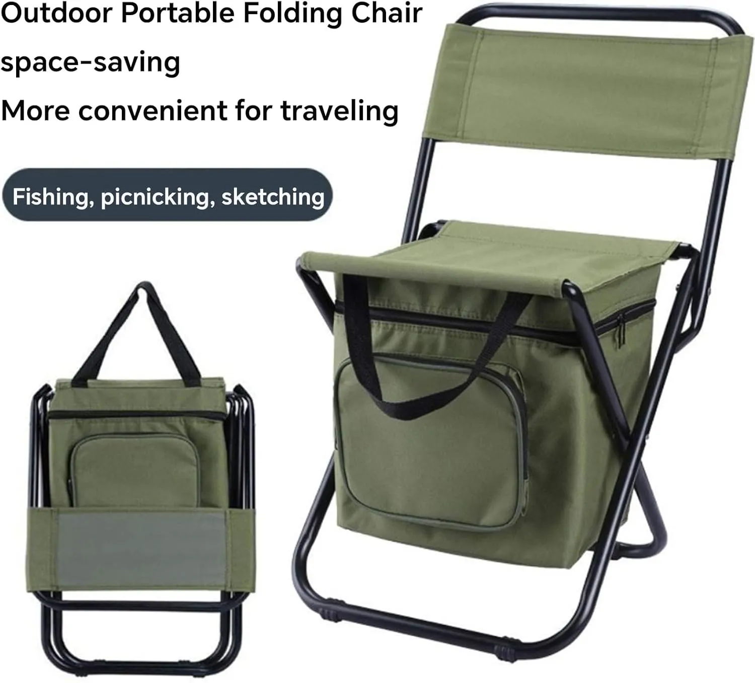 Portable Folding Chair Seat with Cooler Bag Lightweight Camping Chair Outdoor Reclining Stool with Storage Bag with Carrying Handle Suitable for Outdoor Camping Fishing and Ice Fishing