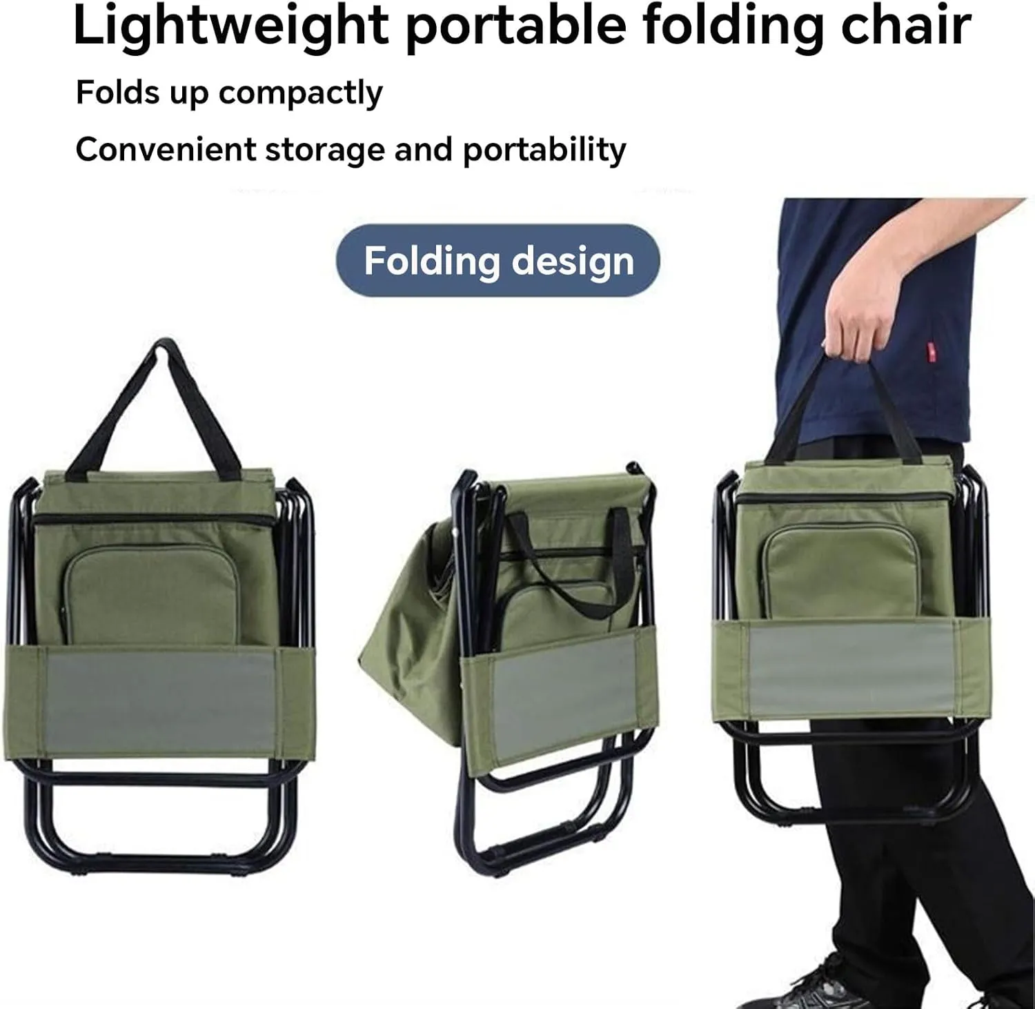 Portable Folding Chair Seat with Cooler Bag Lightweight Camping Chair Outdoor Reclining Stool with Storage Bag with Carrying Handle Suitable for Outdoor Camping Fishing and Ice Fishing