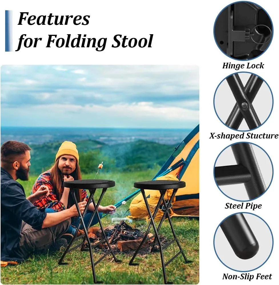 Portable Folding Stool, 18" Folding Bar Stool with Handle, Heavy Duty Round Fold Stool Chair with 550lbs Capacity, Household Small Bench Dining Chair High Stool, 2 Pack, Black