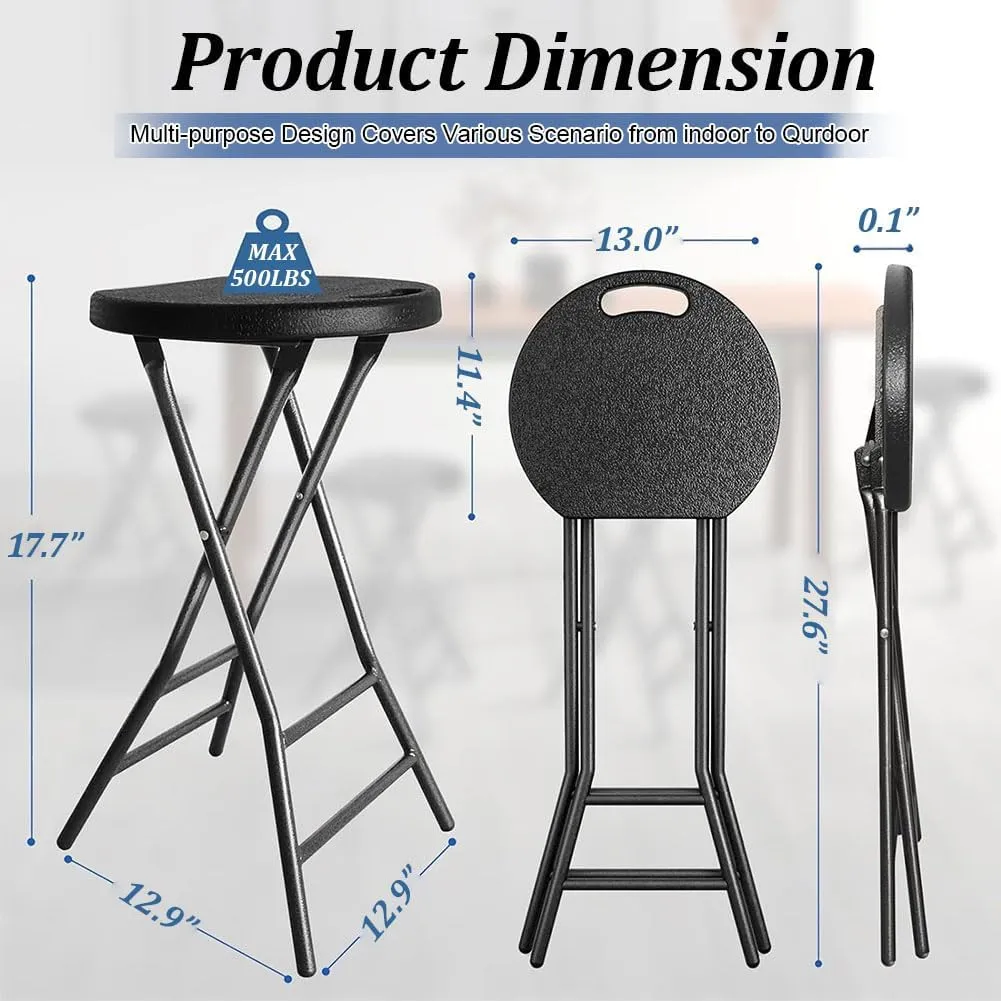 Portable Folding Stool, 18" Folding Bar Stool with Handle, Heavy Duty Round Fold Stool Chair with 550lbs Capacity, Household Small Bench Dining Chair High Stool, 2 Pack, Black