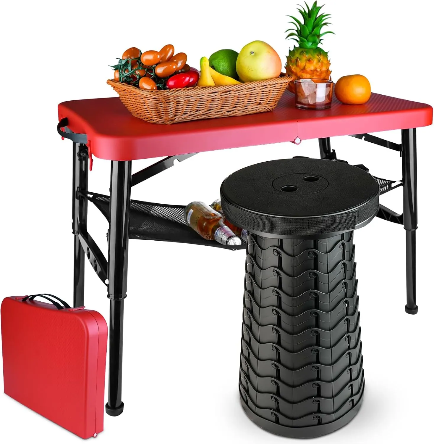 Portable Folding Table and Stool Set, Lightweight Foldable Table & Collapsible Stool for Camping Picnic Beach Fishing, Sturdy Small Outdoor Set with Mesh Layer Storage