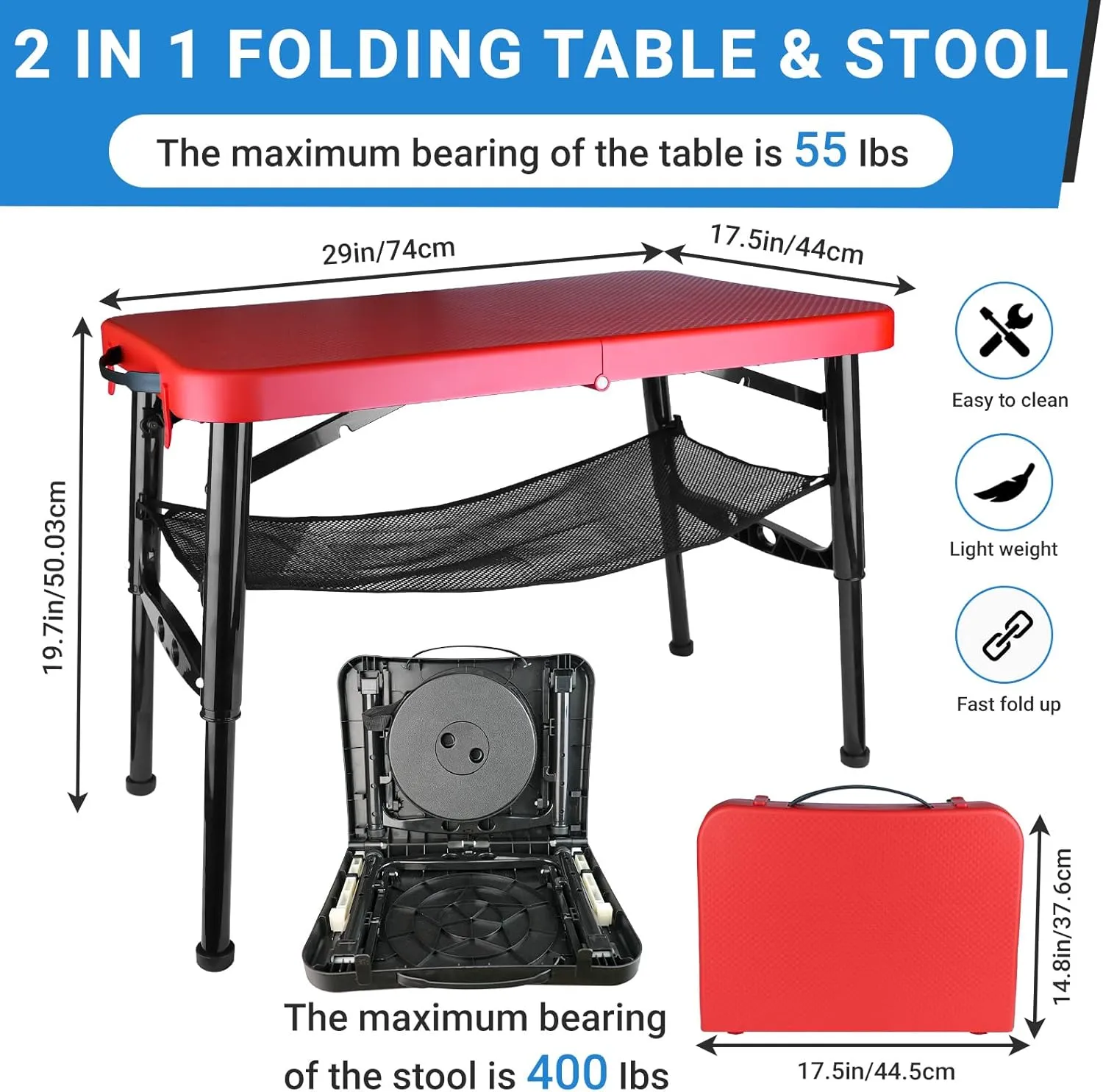 Portable Folding Table and Stool Set, Lightweight Foldable Table & Collapsible Stool for Camping Picnic Beach Fishing, Sturdy Small Outdoor Set with Mesh Layer Storage