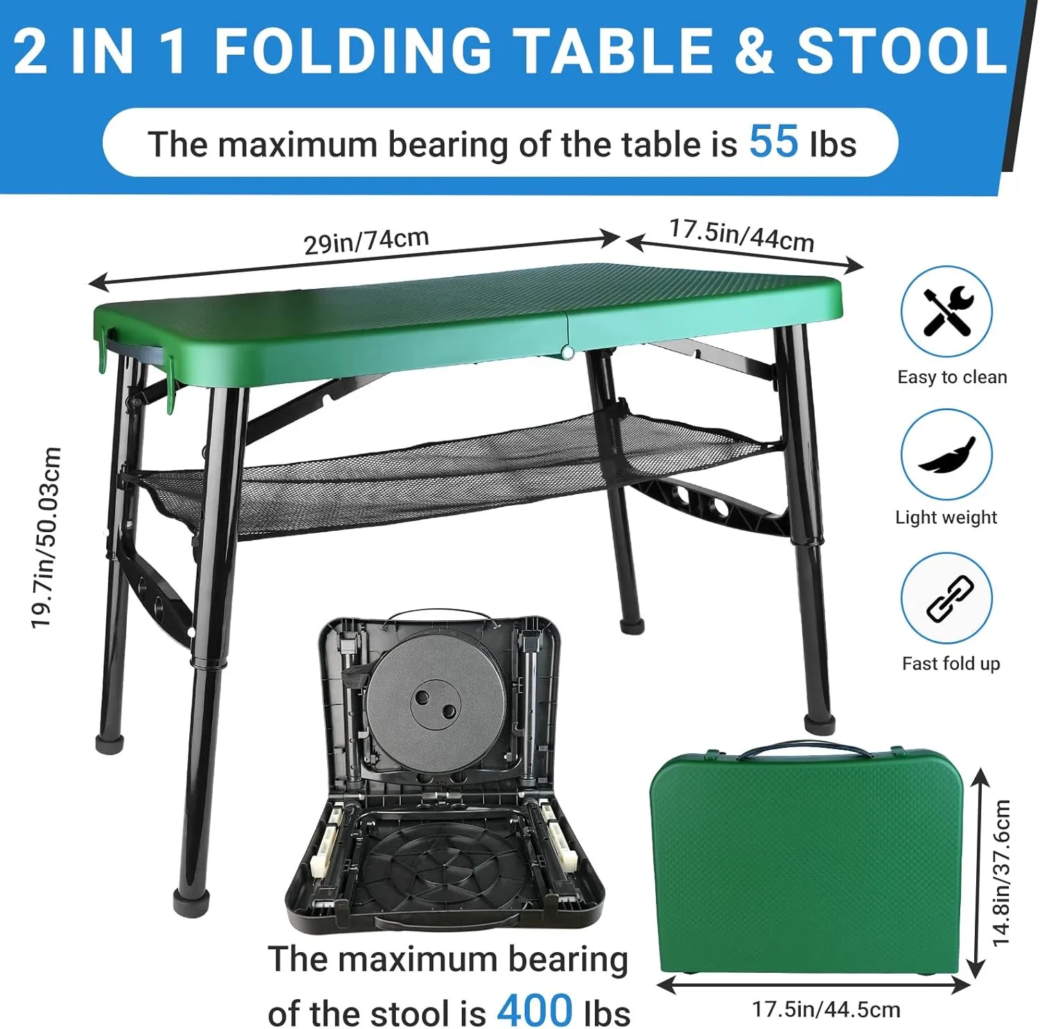 Portable Folding Table and Stool Set, Lightweight Foldable Table & Collapsible Stool for Camping Picnic Beach Fishing, Sturdy Small Outdoor Table with Mesh Layer Storage