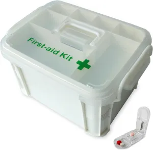 Portable handled medicine first aid box plastic medicine basic organizer holder. Family small safety emergency medical storage box kit travel, car, home, camping, office, vehicle   pill cutter (empty)