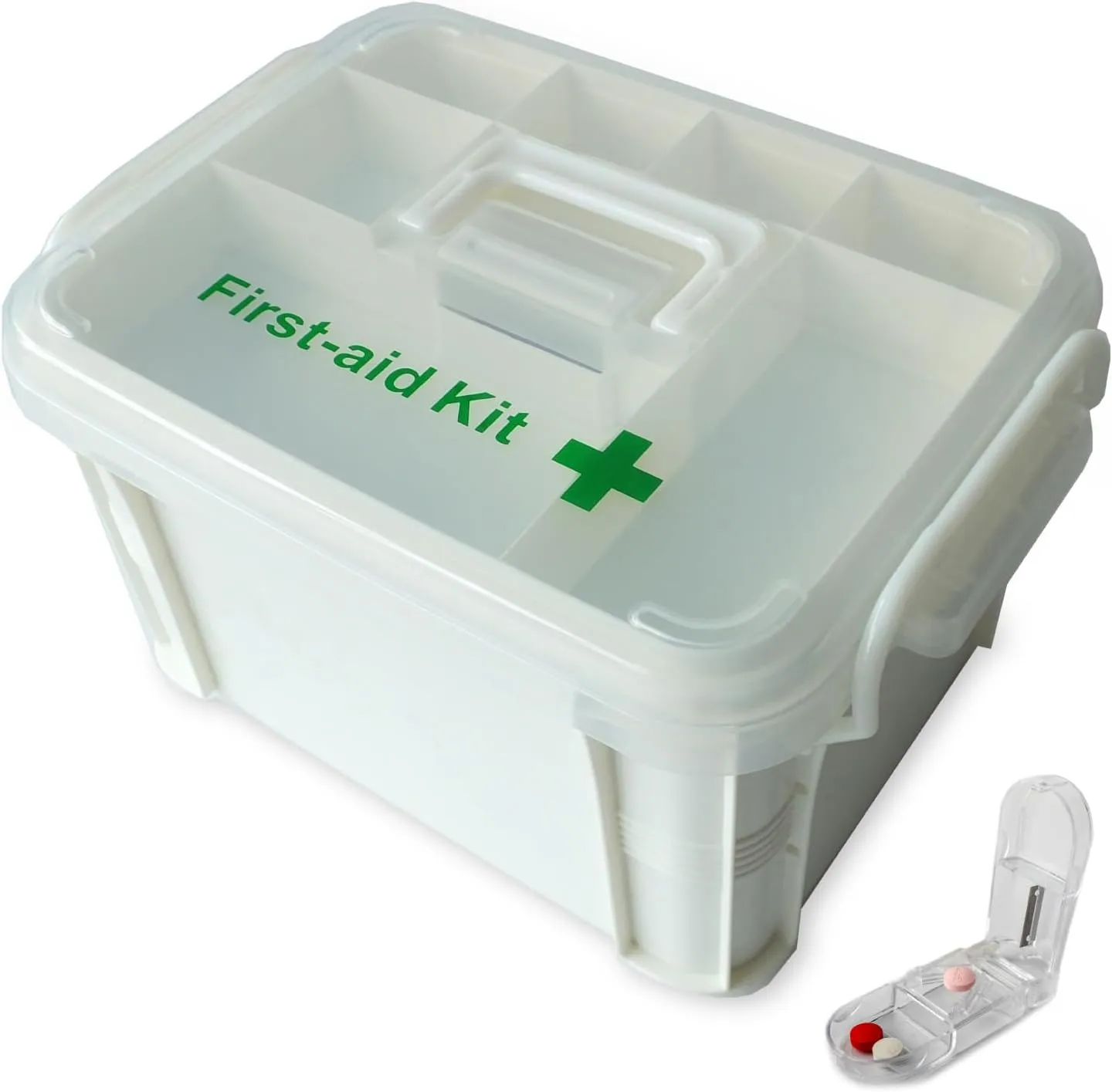 Portable handled medicine first aid box plastic medicine basic organizer holder. Family small safety emergency medical storage box kit travel, car, home, camping, office, vehicle   pill cutter (empty)