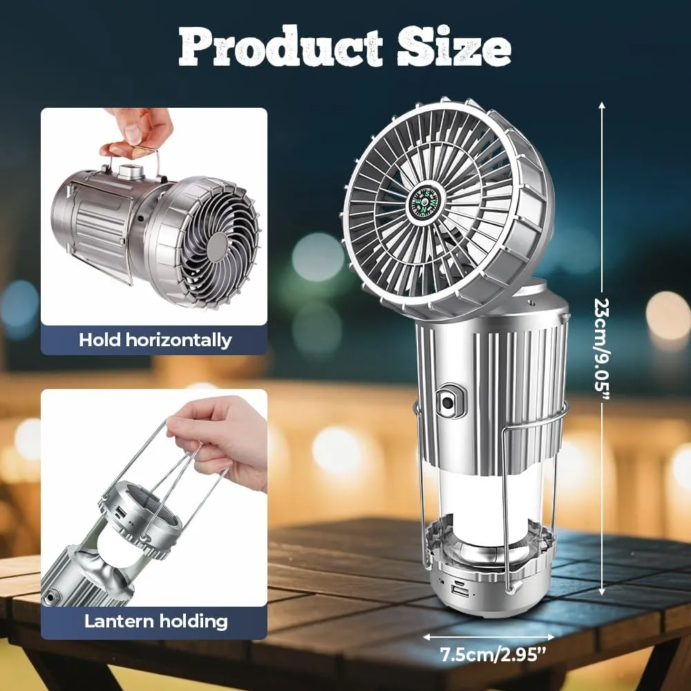Portable LED Camping Lantern with Fan, New Upgraded Multifunctional Solar Camping Lantern Rechargeable Solar Fan, Tent Camping Fan Hanging with Light (StyleA-Gold)