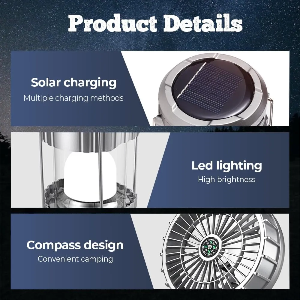 Portable LED Camping Lantern with Fan, New Upgraded Multifunctional Solar Camping Lantern Rechargeable Solar Fan, Tent Camping Fan Hanging with Light (StyleA-Gold)