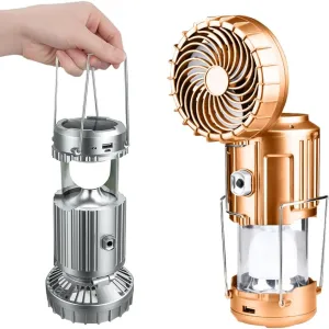 Portable LED Camping Lantern with Fan, New Upgraded Multifunctional Solar Camping Lantern Rechargeable Solar Fan, Tent Camping Fan Hanging with Light (StyleA-Gold)