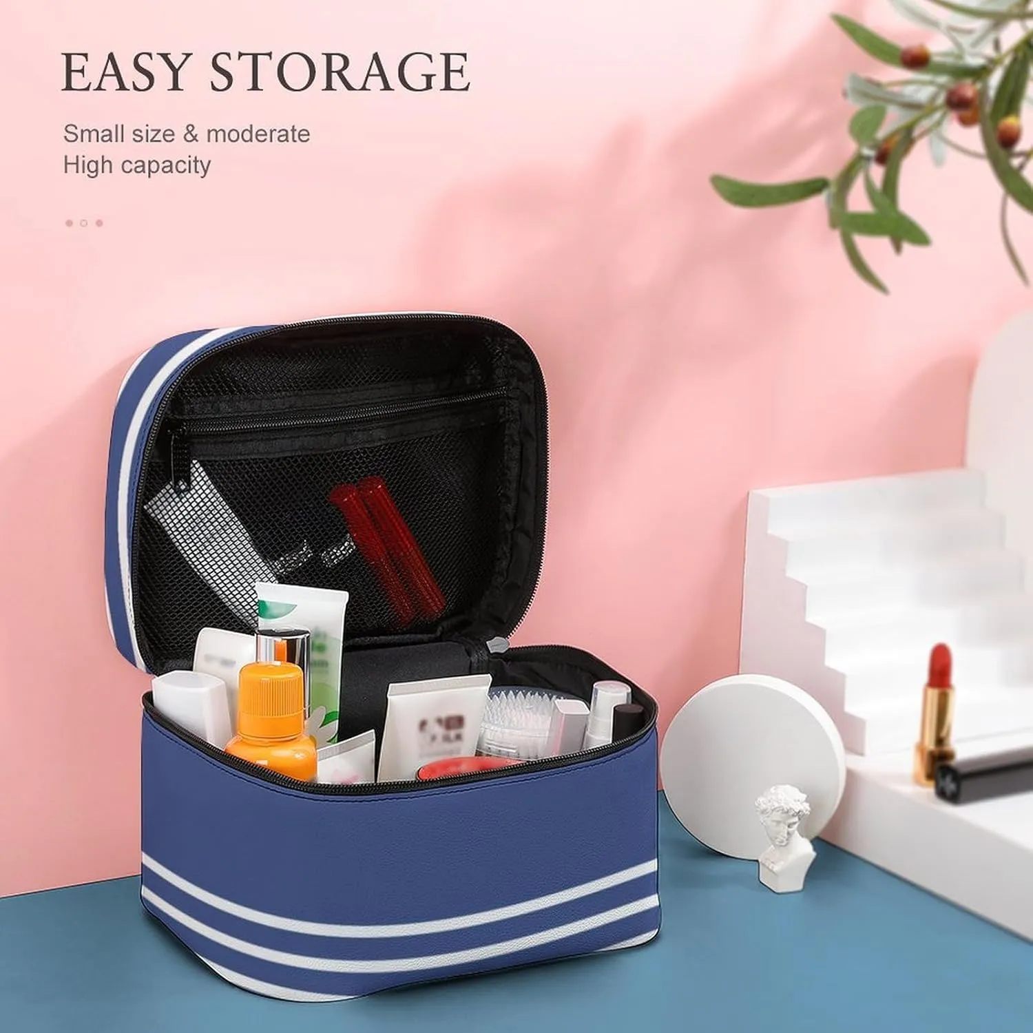 Portable Make Bag, Marine Blue Stripes Cosmetic Case Portable Cosmetic Portable Organizer for Men & Women