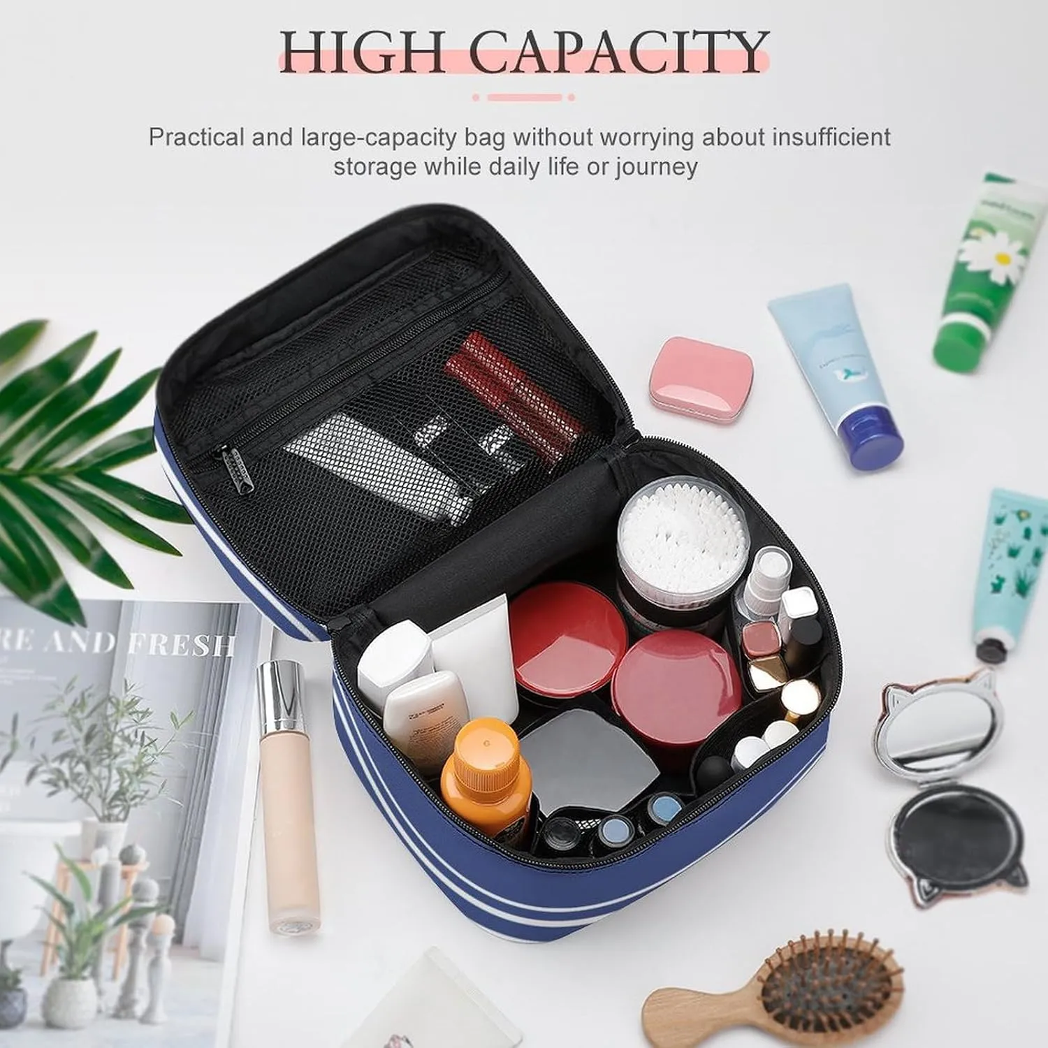 Portable Make Bag, Marine Blue Stripes Cosmetic Case Portable Cosmetic Portable Organizer for Men & Women