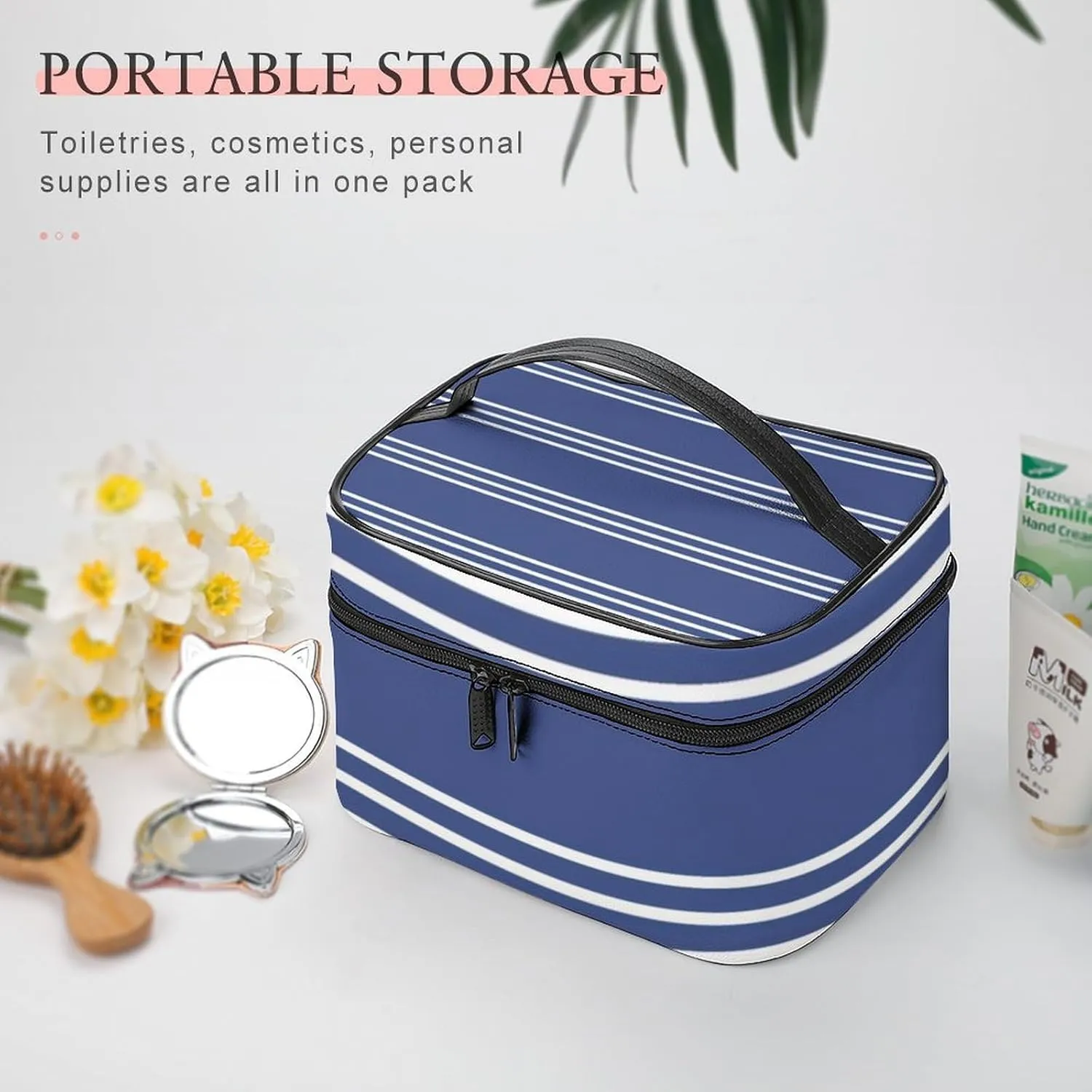 Portable Make Bag, Marine Blue Stripes Cosmetic Case Portable Cosmetic Portable Organizer for Men & Women