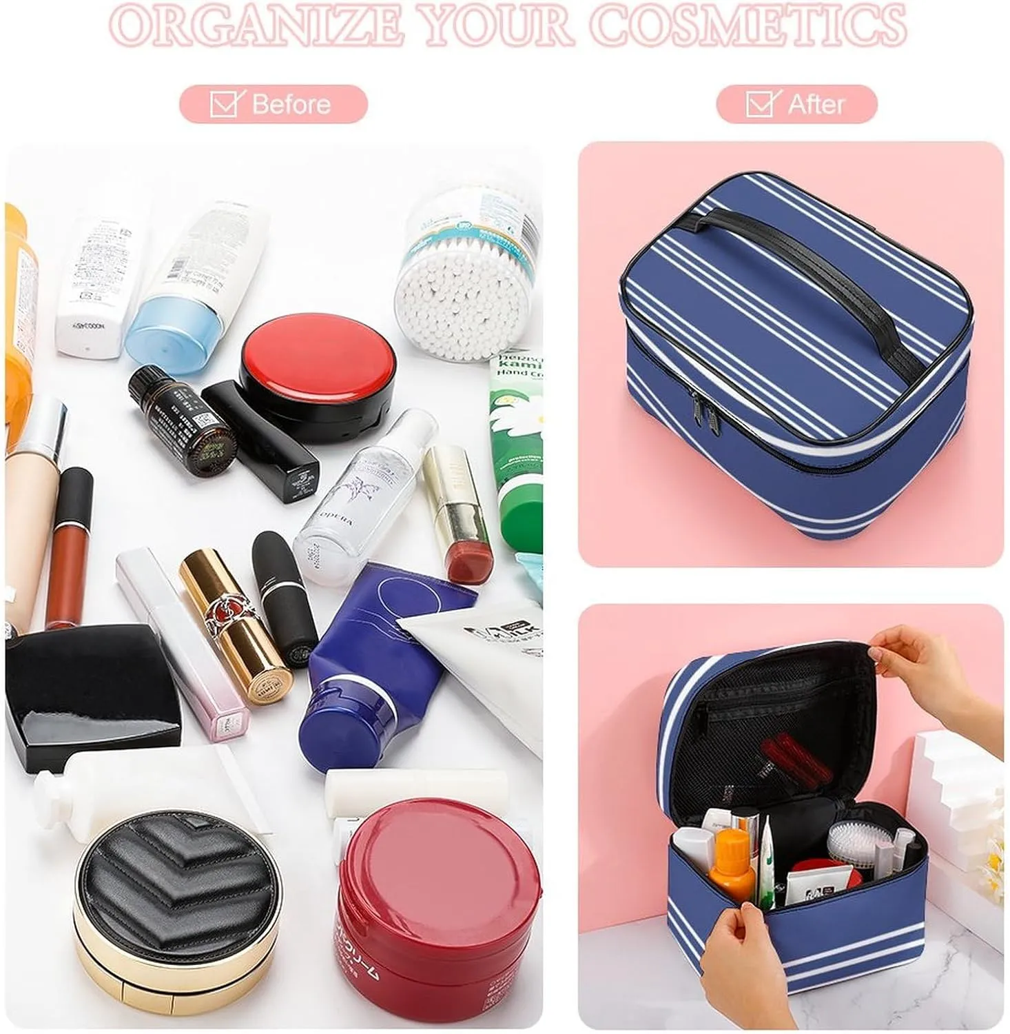 Portable Make Bag, Marine Blue Stripes Cosmetic Case Portable Cosmetic Portable Organizer for Men & Women