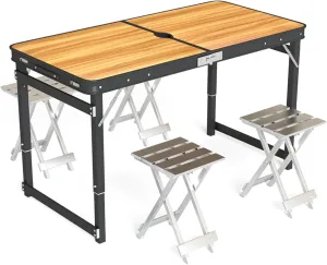 Portable Outdoor Camping Folding Table with 4 x Stool Height Adjustable Foldable Picnic Table Lightweight Fold Up Table for Travel Garden BBQ Activity Party