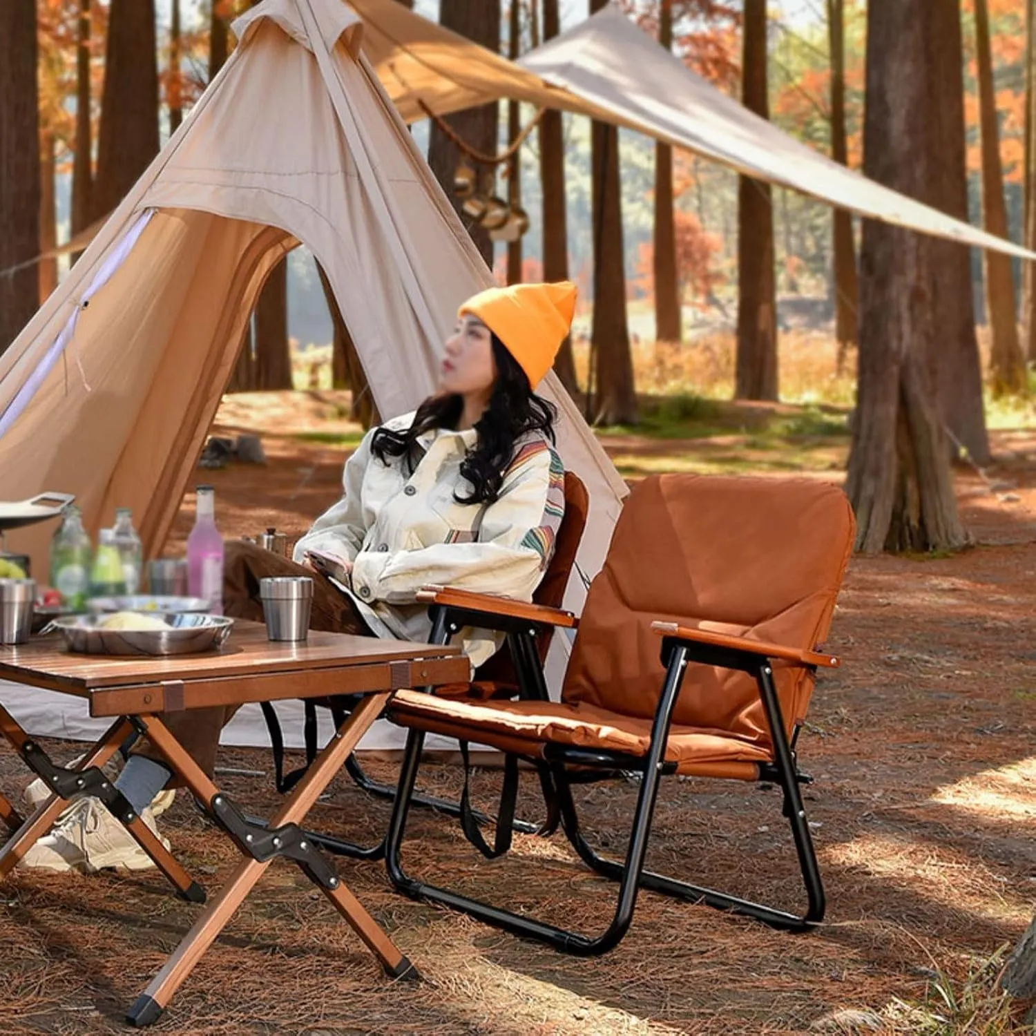 Portable Outdoor Premium Folding Chair, Recliner Garden Chairs, Outdoor Picnic Chairs Padded Folding Chair ,Soft And Comfortable Cushioned Seat,for Camping Picnic Hiking Indoor,2 Pieces, Brown Outdoor