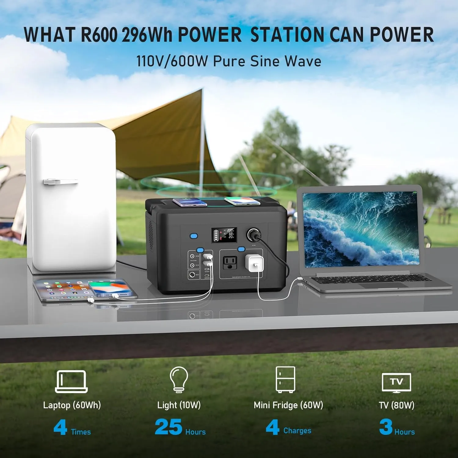 Portable Power Station 600W, Powkey 296Wh Battery Backup with 2 Pure Sine Wave AC Outlets, USB-C PD100W and 2 Wireless Chargers, Solar Generator (Solar Panel Optional) for Outdoor Camping/RVs/Home Use