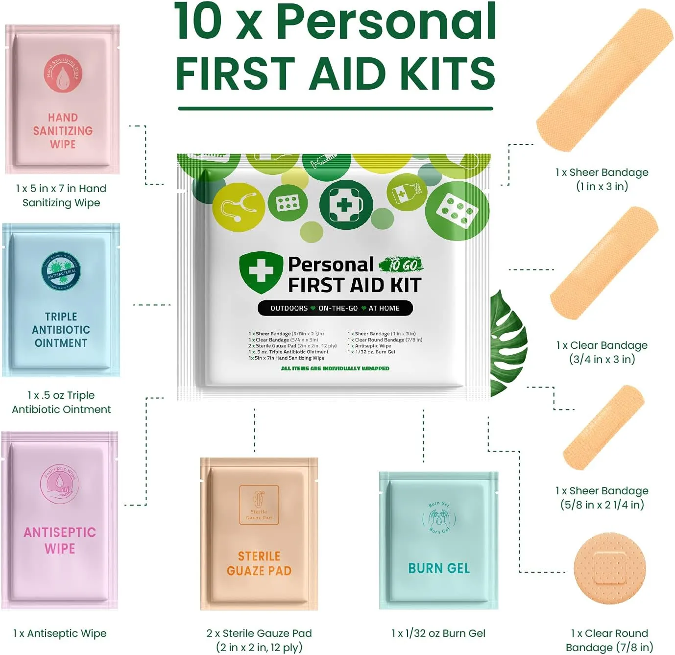 Portable Travel Size First Aid Kit - 10 Pack | Perfect for Home, Office, Car, School, Business, Travel, Hiking, Hunting, and Outdoors | Individually Wrapped First Aid Products (Green)