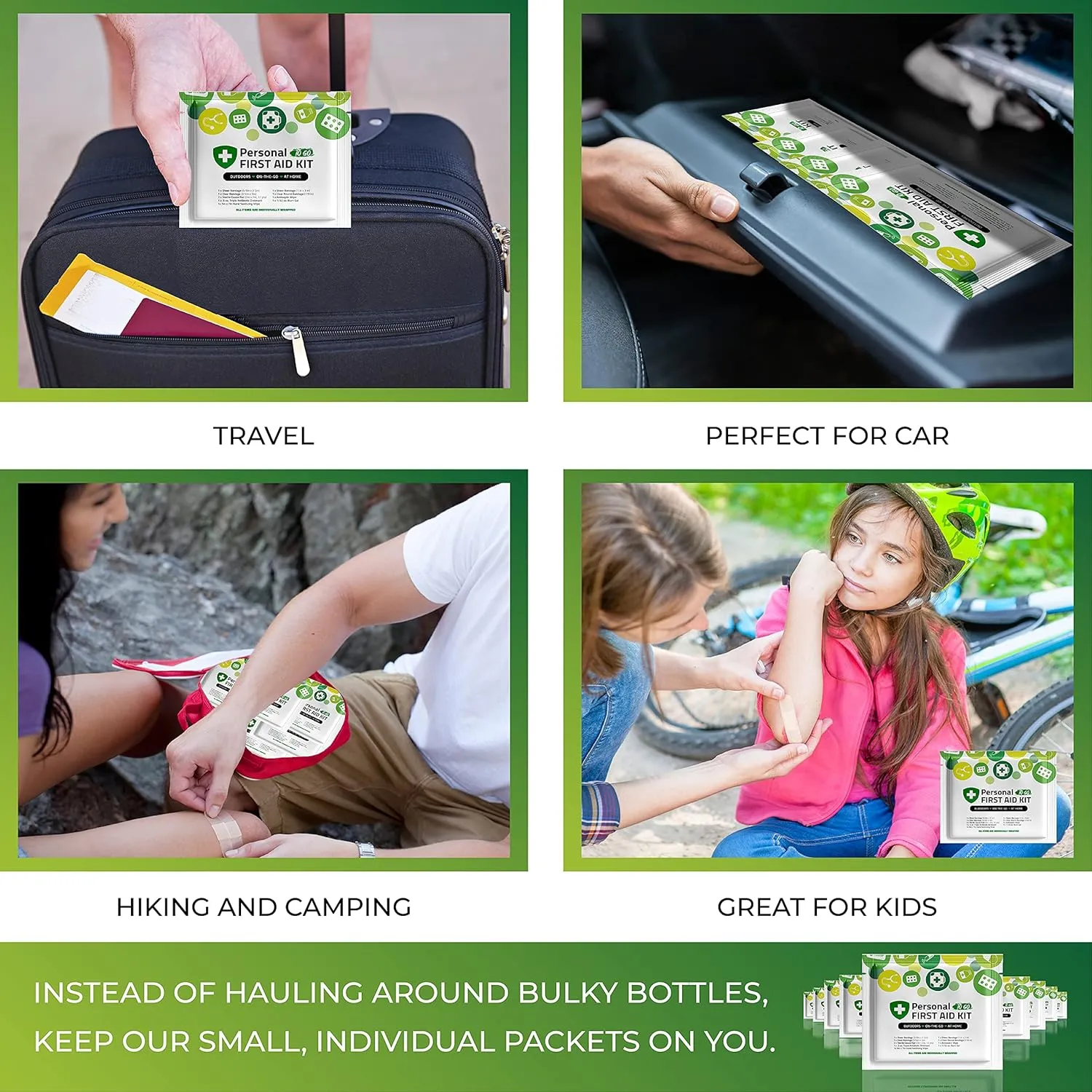 Portable Travel Size First Aid Kit - 10 Pack | Perfect for Home, Office, Car, School, Business, Travel, Hiking, Hunting, and Outdoors | Individually Wrapped First Aid Products (Green)