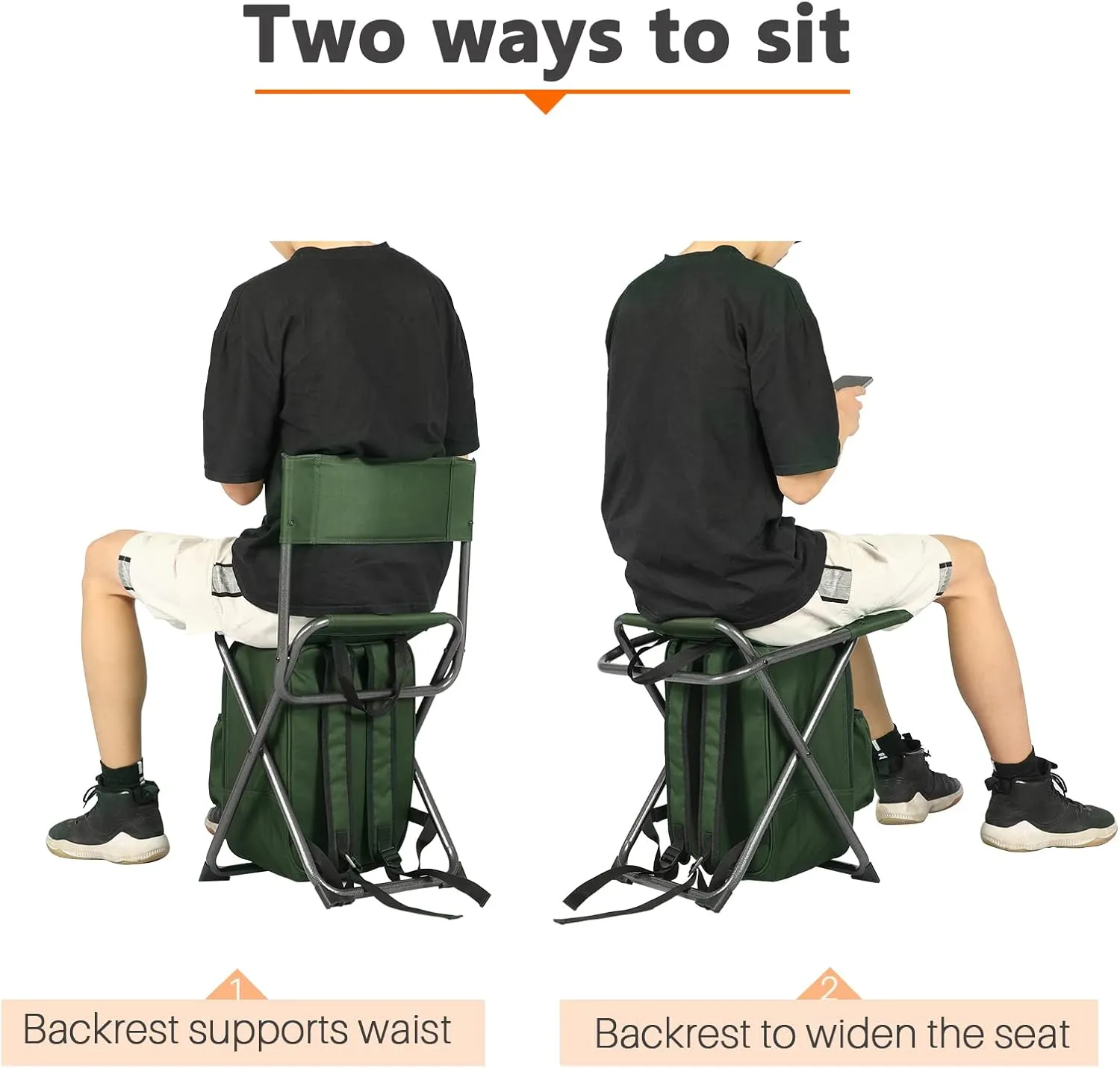 PORTAL Backpack Cooler Chair Fishing Chairs with Backrest Folding Camping Stool Compact for Outdoors Hiking Hunting Travel, Supports 225 lbs