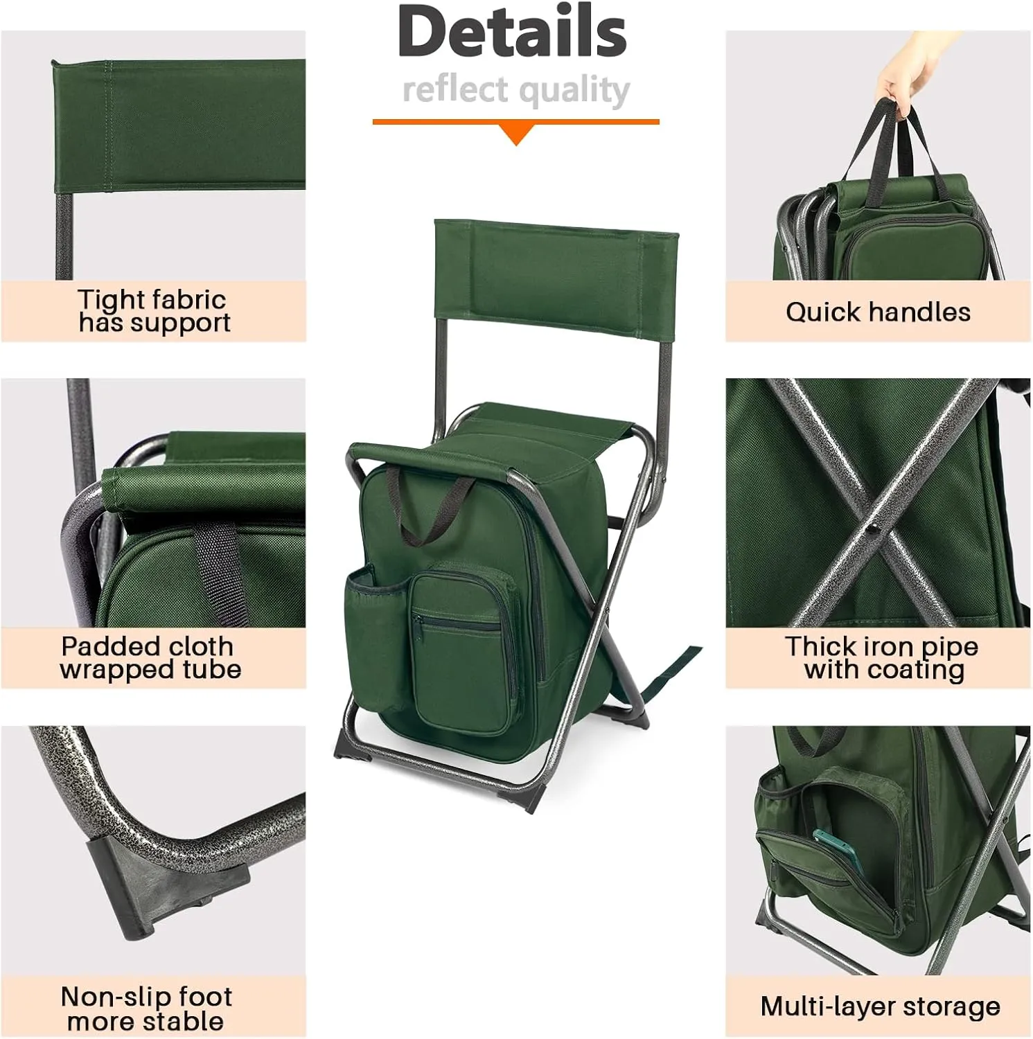 PORTAL Backpack Cooler Chair Fishing Chairs with Backrest Folding Camping Stool Compact for Outdoors Hiking Hunting Travel, Supports 225 lbs