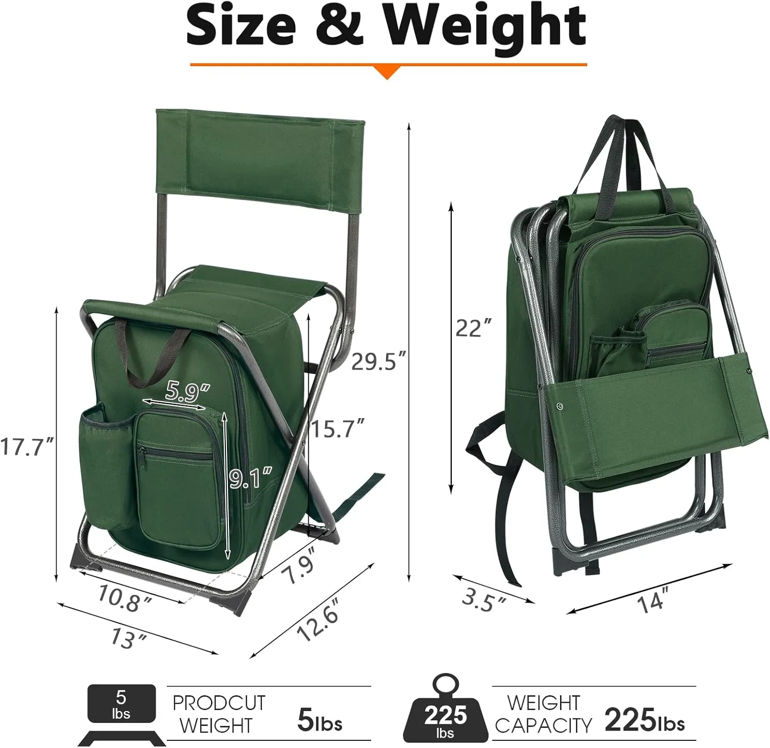 PORTAL Backpack Cooler Chair Fishing Chairs with Backrest Folding Camping Stool Compact for Outdoors Hiking Hunting Travel, Supports 225 lbs