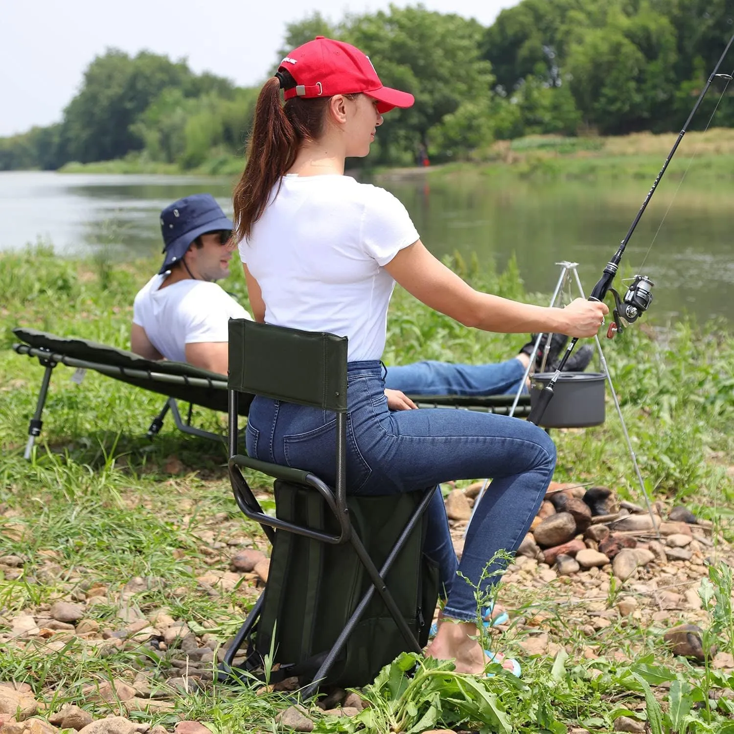 PORTAL Backpack Cooler Chair Fishing Chairs with Backrest Folding Camping Stool Compact for Outdoors Hiking Hunting Travel, Supports 225 lbs