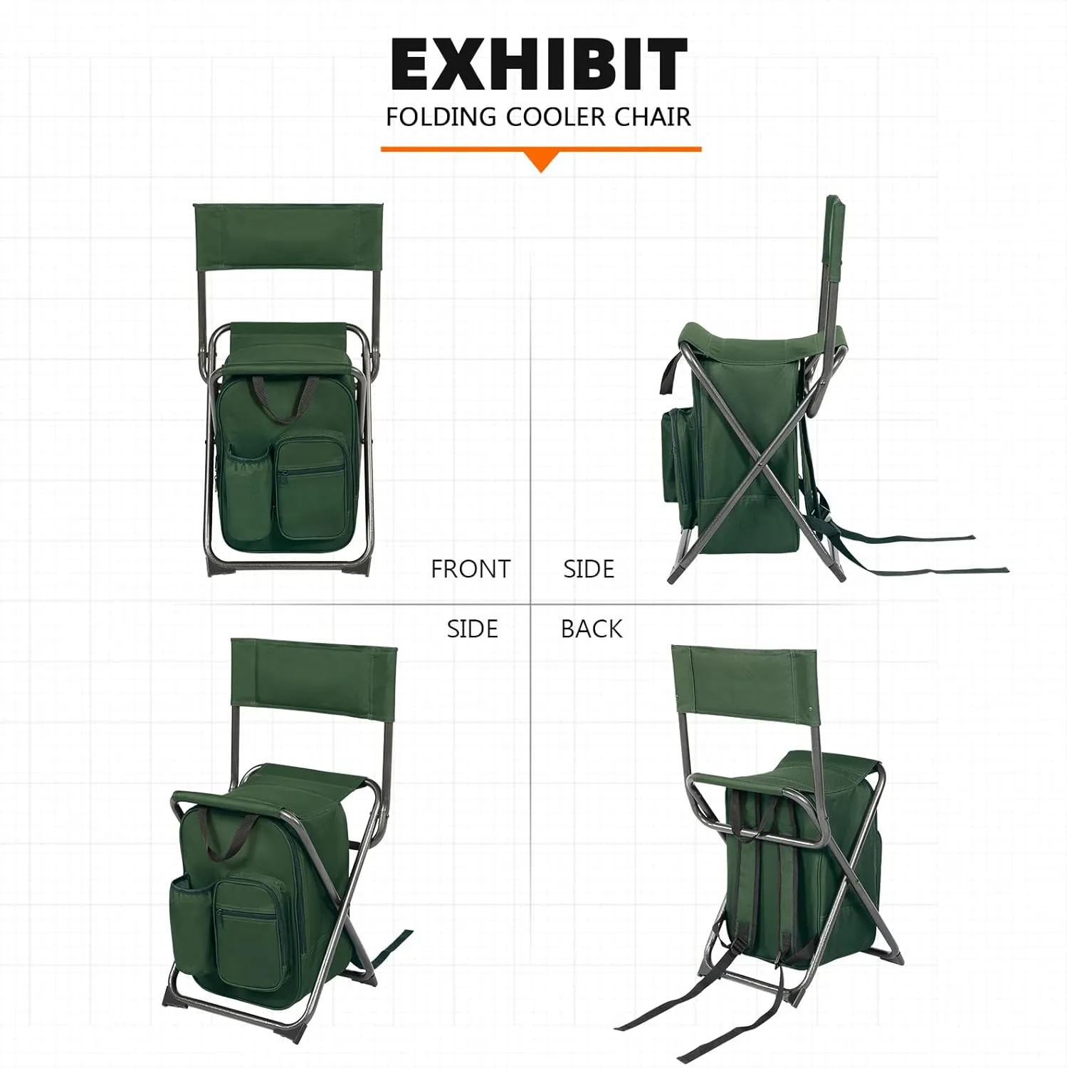 PORTAL Backpack Cooler Chair Fishing Chairs with Backrest Folding Camping Stool Compact for Outdoors Hiking Hunting Travel, Supports 225 lbs