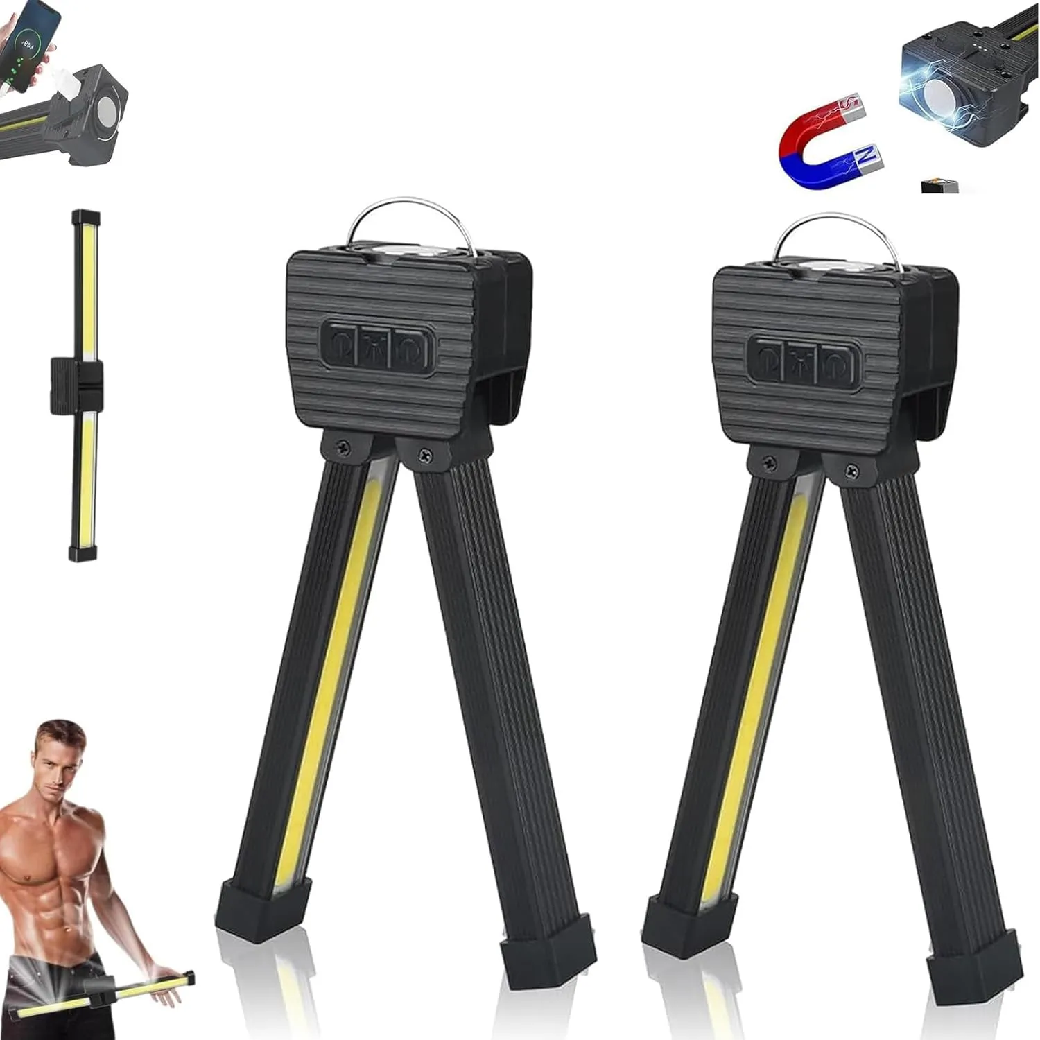 Posing Lamp,Gym Lamp for Posing Portable Magnetic LED Flashlight with Hanging Hook 7th Gear Dimming Magnetic USB Work Light with 180 Degree Folding (2PCS)