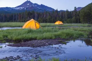Posterazzi PDDUS38SWR0283 Broken Top Mountain and Camping Tent, Sparks Lake, Three Sisters Wilderness, Eastern Oregon, USA Photo Print, 18 x 24, Multi