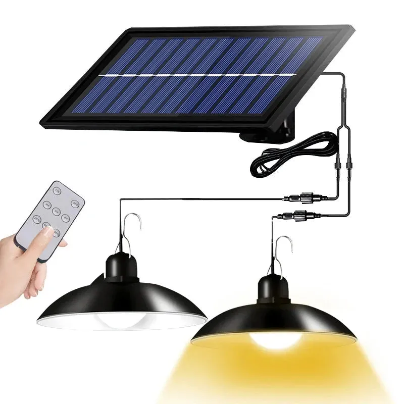 Powerful Double Head Solar Pendant Light – Indoor & Outdoor Solar Lamp with Remote Control, Warm/White Light for Camping, Garden, Yard