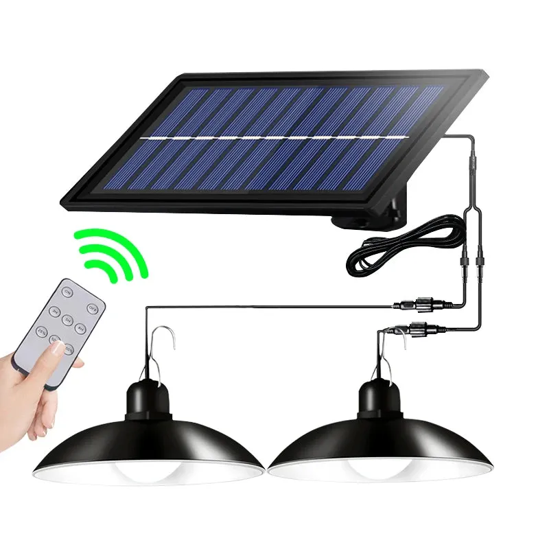 Powerful Double Head Solar Pendant Light – Indoor & Outdoor Solar Lamp with Remote Control, Warm/White Light for Camping, Garden, Yard