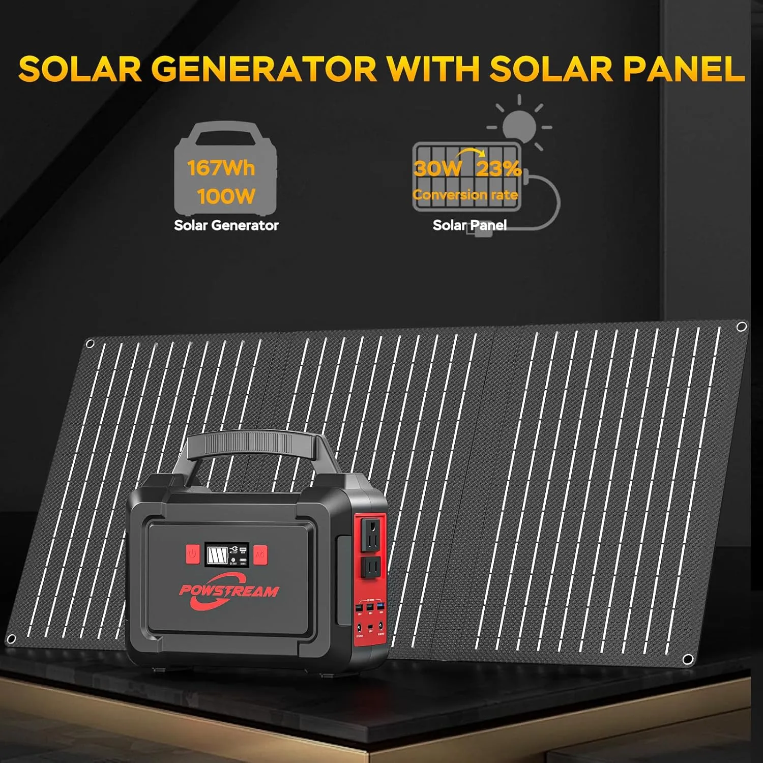 POWSTREAM Solar Powered Generator 167Wh Portable Power Station with Solar Panel 30W Included, 100W Power Bank with AC Outlet QC3.0 for Camping Boat Trip Hunting Outdoor Adventures Emergency Backup