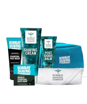 Premium Grooming and Shaving Kit Gift Hamper for Men Pre Shave Scrub, Shaving Cream, Post Shave Balm, Charcoal Soap, Towel, Shaving Kit Bag 6 Count (Pack of 1) Multicolour