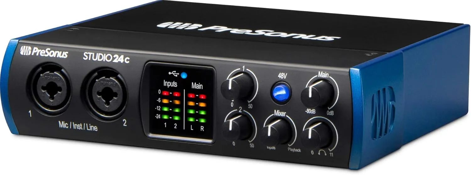 PreSonus Studio 24c 2x2 Audio Interface Bundle with XLR Cable, USB-C Adapter, and Austin Bazaar Polishing Cloth