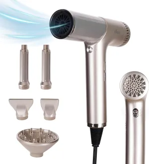 Professional, Ionic Hair Dryer with Diffuser - (5 Attachments for Wavy, Straight & Curly Looks) – Rapid Drying, Frizz Control, Low Noise, & 70% Lighter Than Traditional Hair Dryers