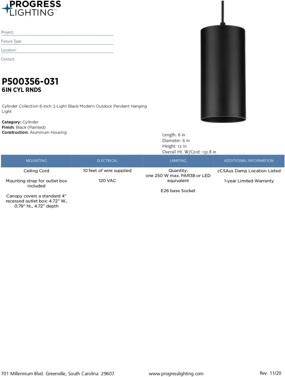 Progress Lighting P500356-031 6IN CYL RNDS Cylinder, Black, 12.00x6.00x6.00