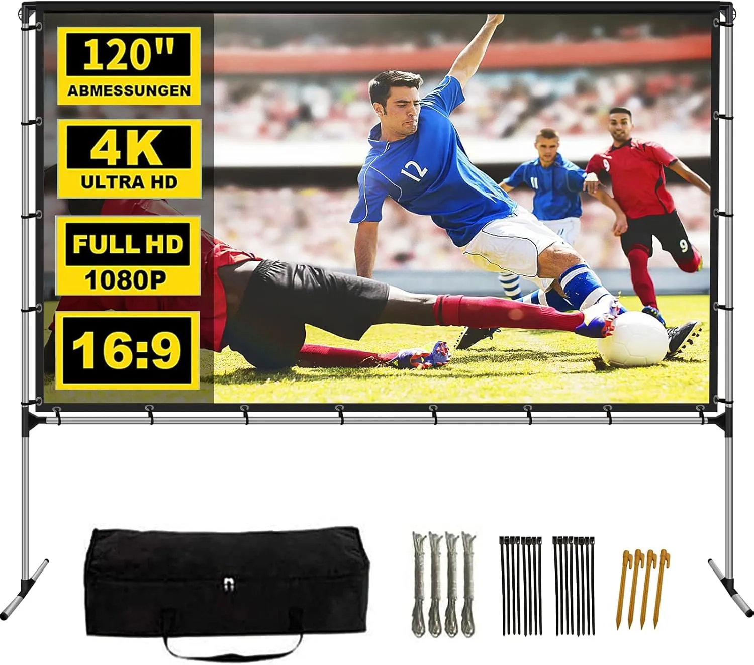 Projector Screen with Stand, 120 Inch Outdoor Projection Screen, Portable Indoor HD 4K Thickened Wrinkle-Free Fast Folding Movie Screen with Carry Bag for Home Theater Camping Backyard Cinema