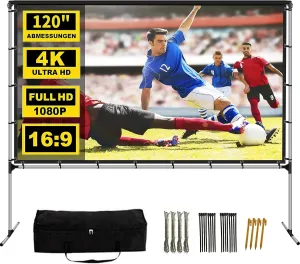 Projector Screen with Stand, 120 Inch Outdoor Projection Screen, Portable Indoor HD 4K Thickened Wrinkle-Free Fast Folding Movie Screen with Carry Bag for Home Theater Camping Backyard Cinema