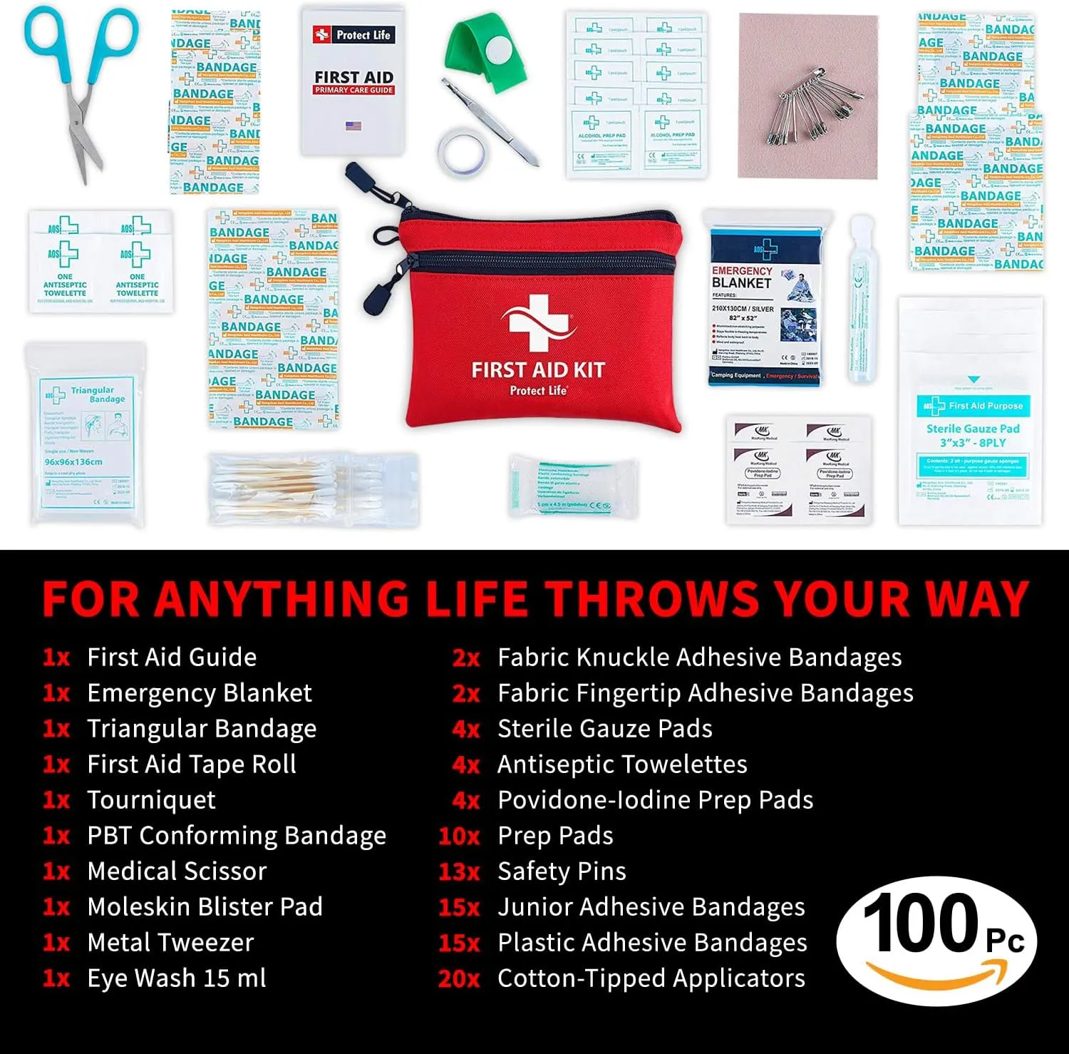 Protect Life First Aid Kit for Home/Business, HSA/FSA Eligible Emergency Kit | Mini Travel First Aid Kit | Camping First Aid Kit Hiking | Small First Aid Kit for Car | Survival Medical Kit - 100pcs