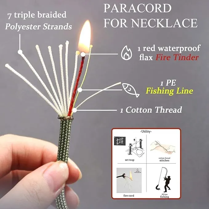 PSKOOK Fire Starter Necklace, Survival Paracord Necklace with Flint and Steel, Bushcraft Necklace for Camping, Hiking and Backpacking