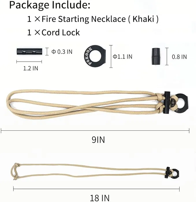 PSKOOK Fire Starter Necklace, Survival Paracord Necklace with Flint and Steel, Bushcraft Necklace for Camping, Hiking and Backpacking
