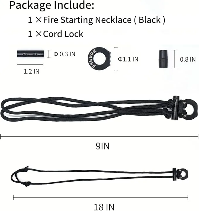 PSKOOK Fire Starter Necklace, Survival Paracord Necklace with Flint and Steel, Bushcraft Necklace for Camping, Hiking and Backpacking