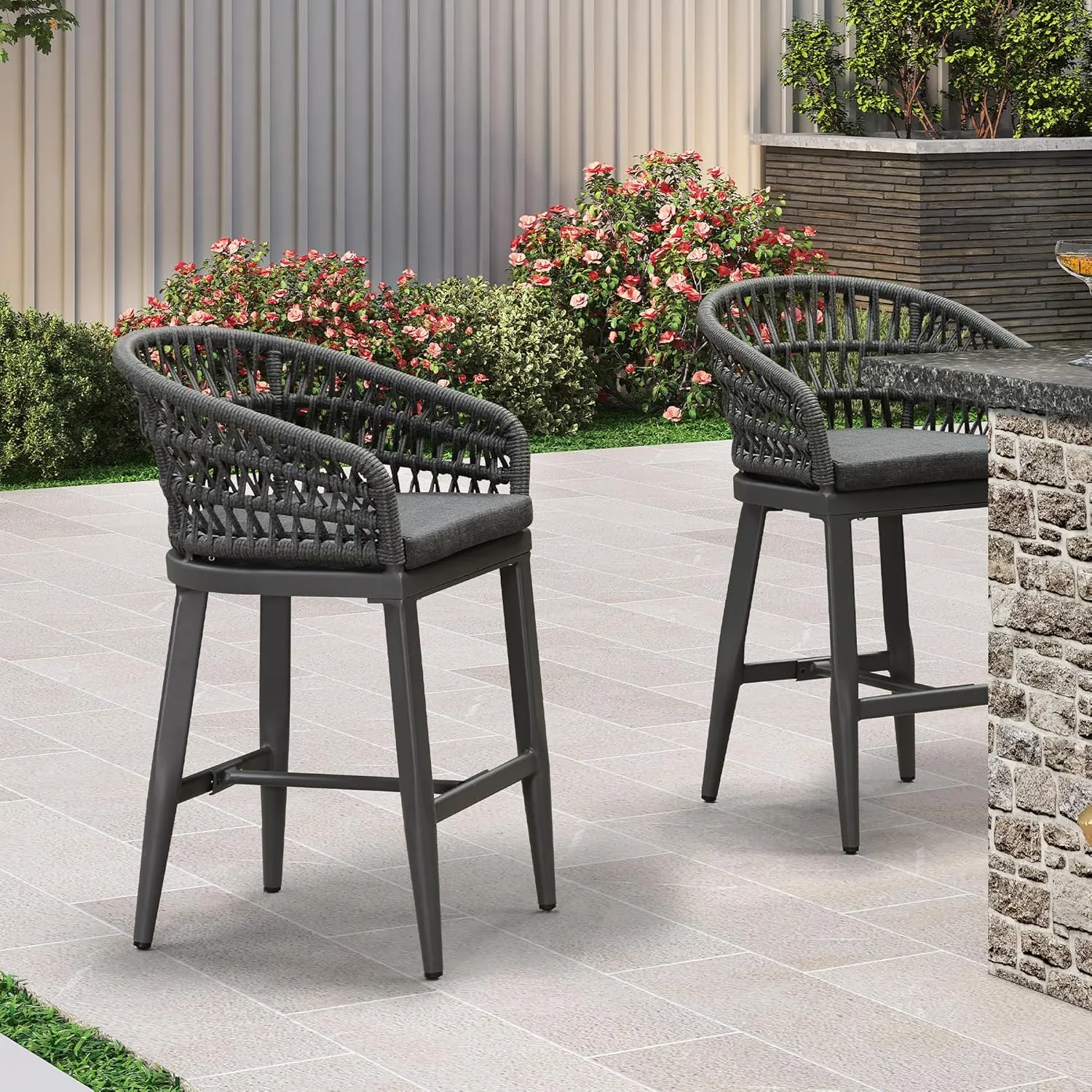 PURPLE LEAF Outdoor Rattan 24" Counter Height Bar Stools Set of 4, Aluminum Bar Chair Patio Barstool Modern Upholstered with Backrest for Indoor and Outdoor Set, Kitchen Island, Grey