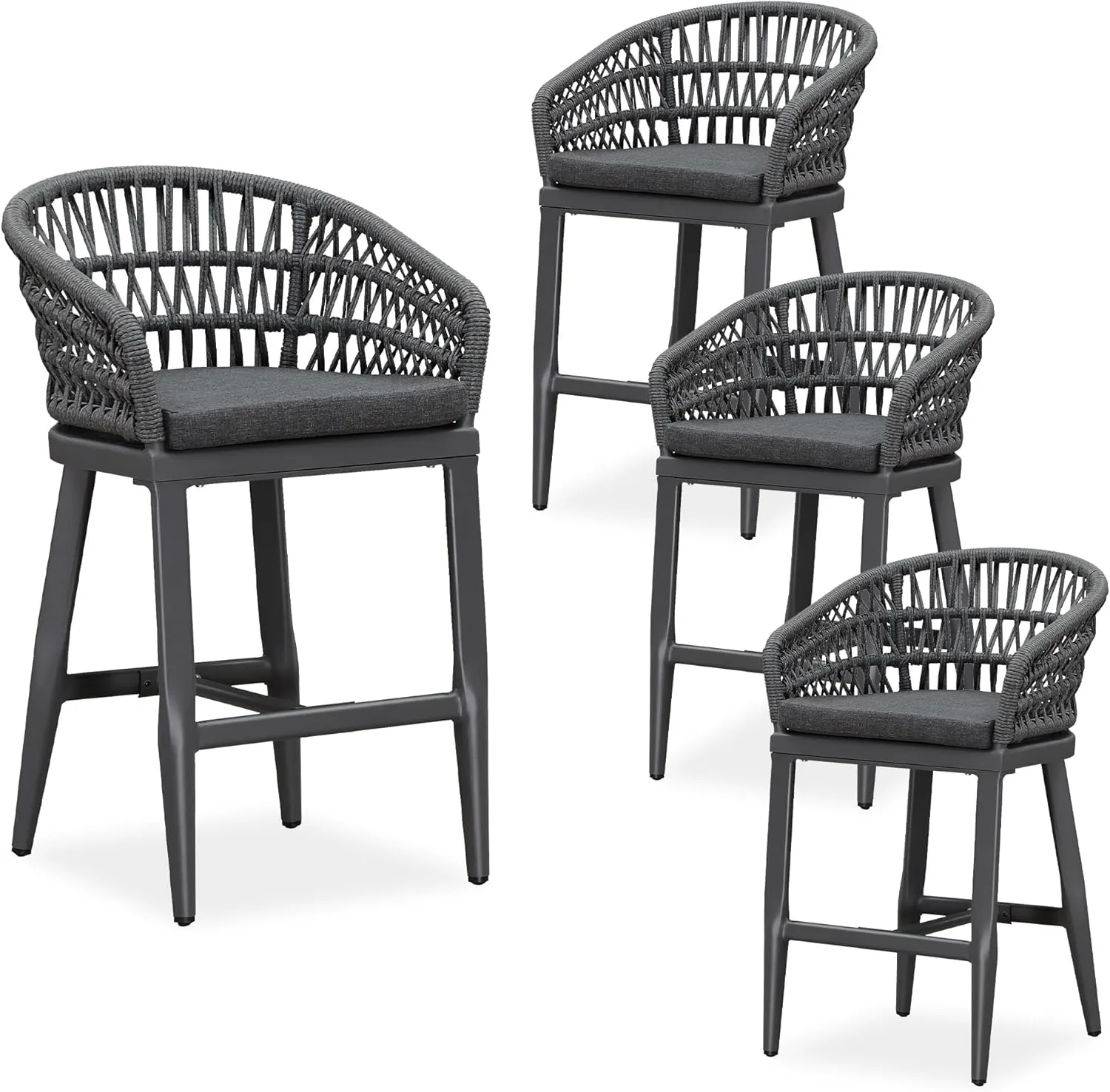 PURPLE LEAF Outdoor Rattan 24" Counter Height Bar Stools Set of 4, Aluminum Bar Chair Patio Barstool Modern Upholstered with Backrest for Indoor and Outdoor Set, Kitchen Island, Grey