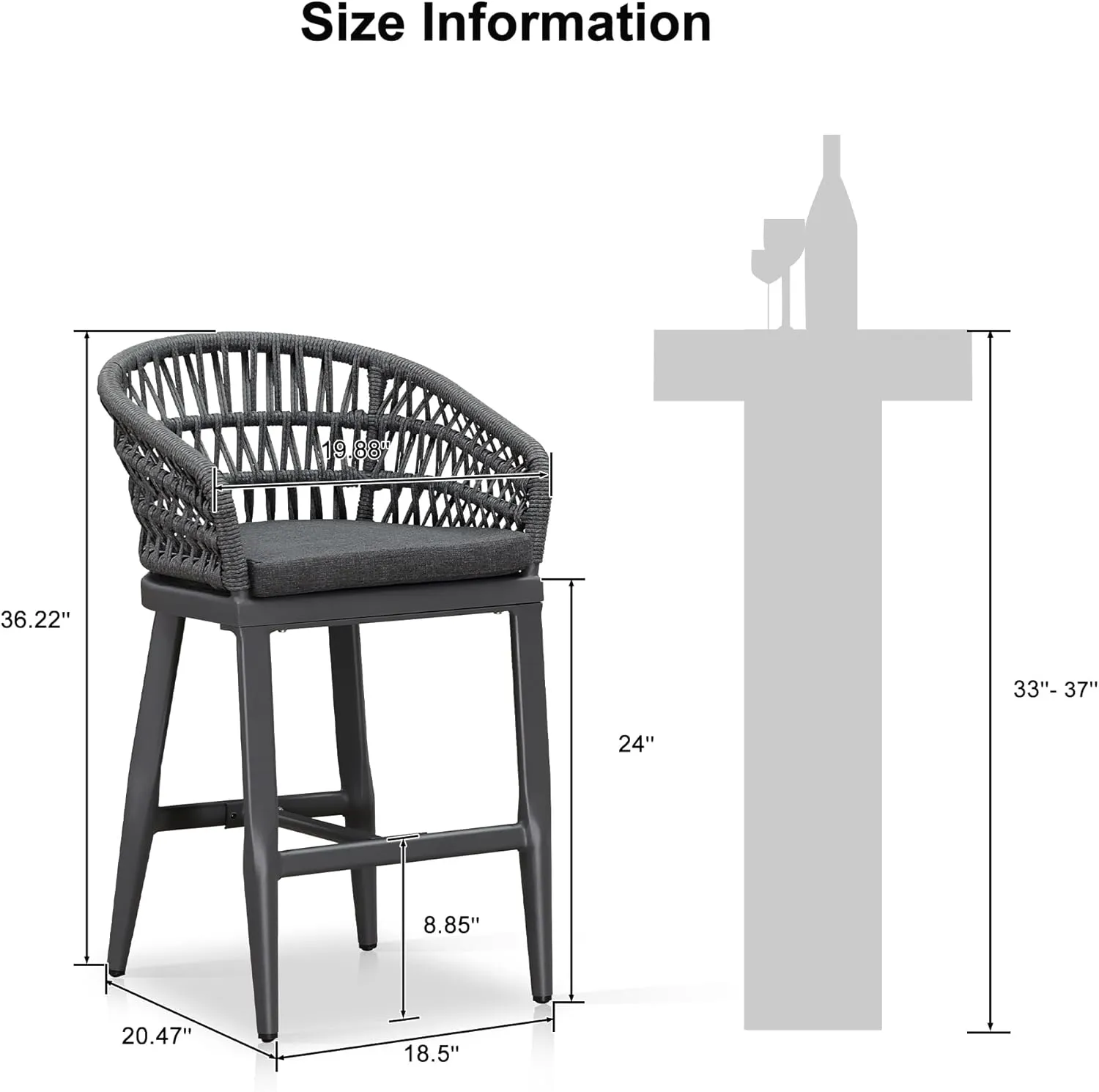 PURPLE LEAF Outdoor Rattan 24" Counter Height Bar Stools Set of 4, Aluminum Bar Chair Patio Barstool Modern Upholstered with Backrest for Indoor and Outdoor Set, Kitchen Island, Grey