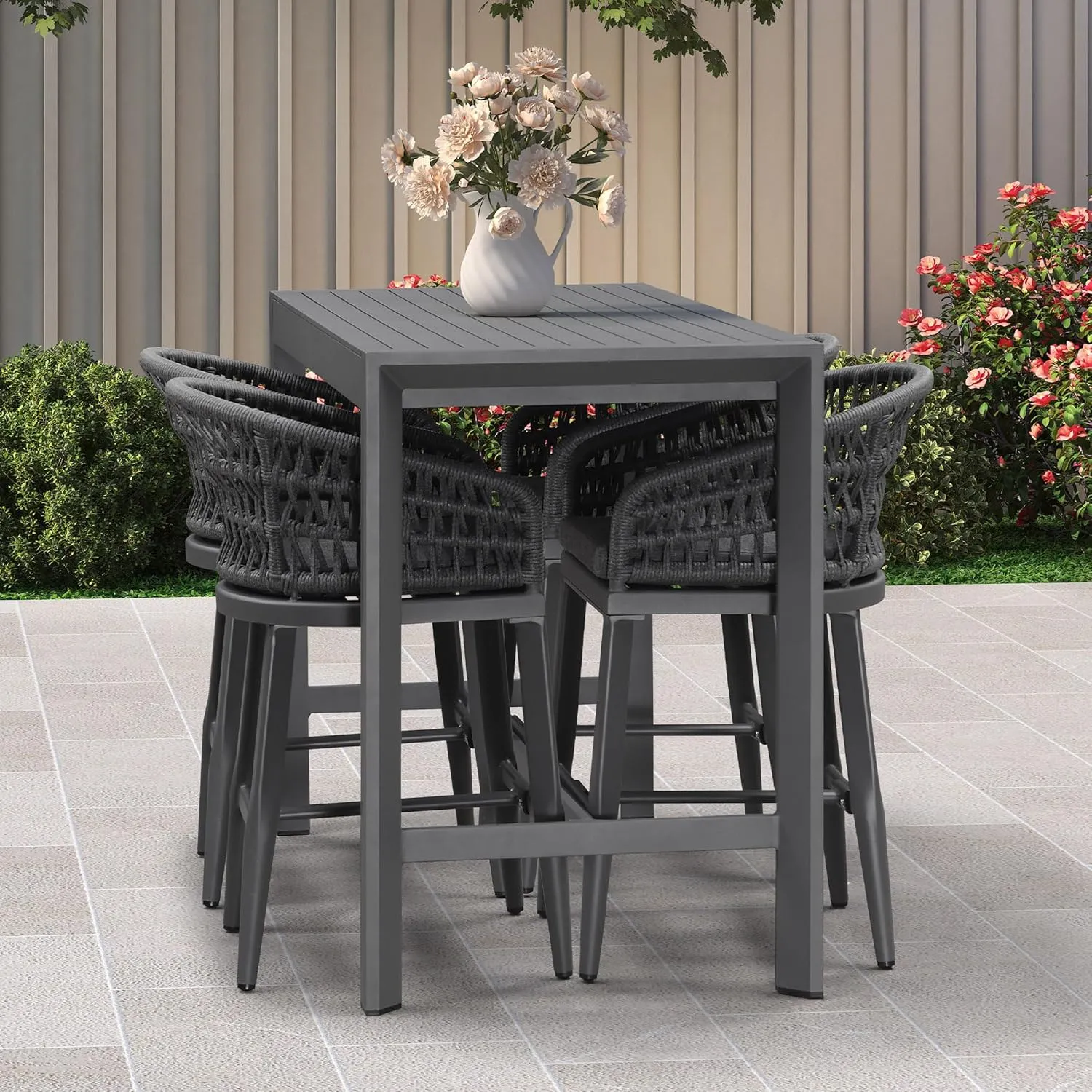 PURPLE LEAF Outdoor Rattan 24" Counter Height Bar Stools Set of 4, Aluminum Bar Chair Patio Barstool Modern Upholstered with Backrest for Indoor and Outdoor Set, Kitchen Island, Grey