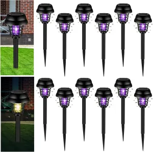Qualirey 12 Pcs Solar Bug Zapper Outdoor Waterproof Solar Mosquito Zapper Outdoor Solar Powered Mosquito Killer Lamp Mosquito Repellent Lamp for Patio Yard Garden Insect (Purple Light, Warm Light)