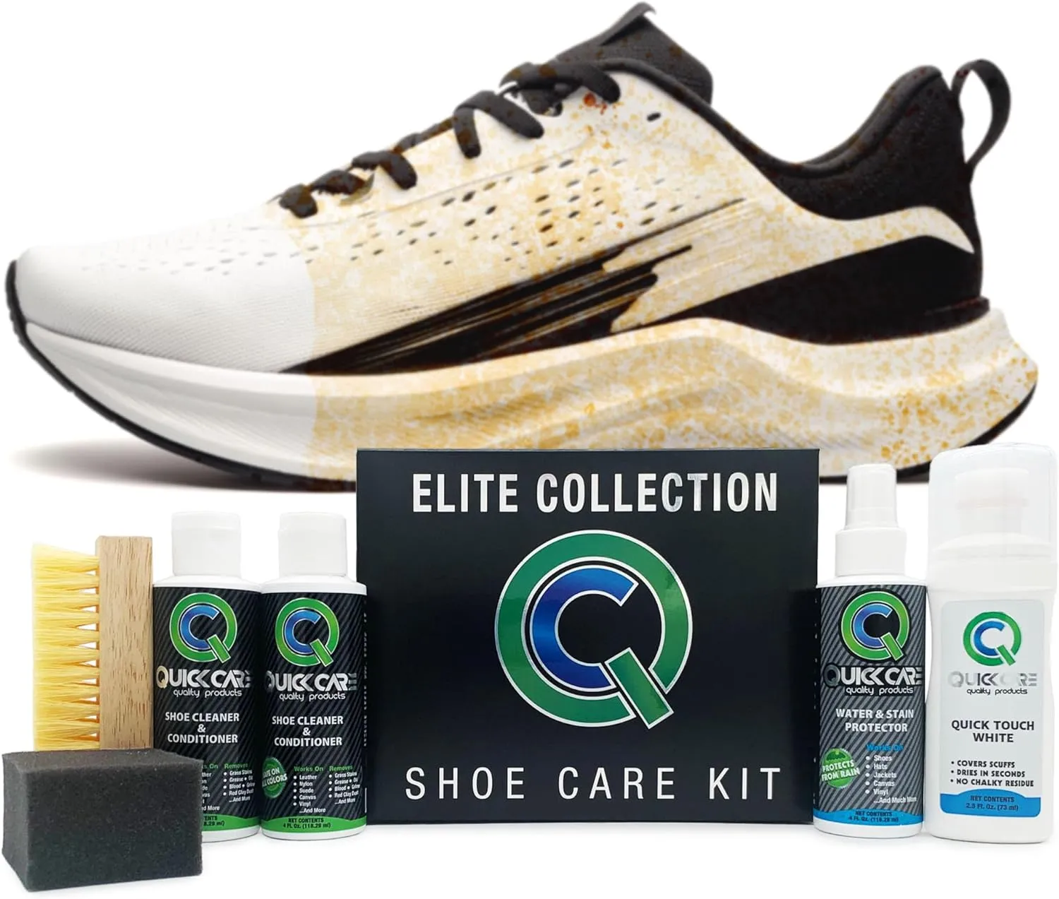 QuickCare Elite Collection - 4 oz Shoe Cleaner & Conditioner, Water & Stain Protection, 2.5 oz Quick Touch White, Brush & Sponge - Complete Shoe Cleaning Set for Sneakers, Leather, and More