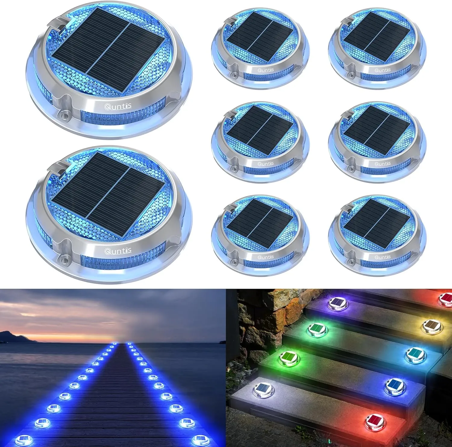 Quntis RGB Solar Deck Lights 8 Pack, 11 Lighting Modes Solar Driveway Lights Outdoor Waterproof IP68, Step Lights for Outside Stair Pathway Walkway