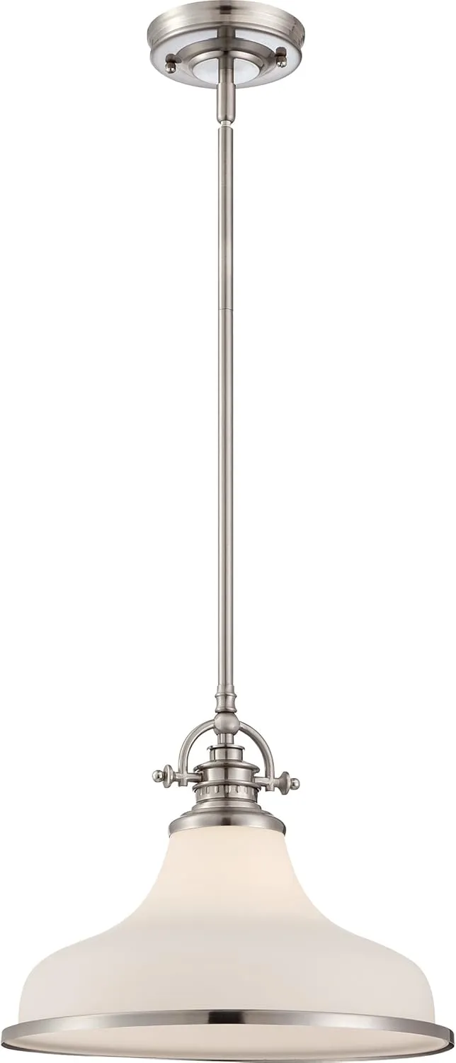 Quoizel Grant Pendant Lighting, 14 Inch 1-Light Brushed Nickel Opal Etched Glass Pendant Light, Hanging Ceiling Light for Kitchen Island, Dining Room, Hallway, Bedroom, Bar, Cafe or Office