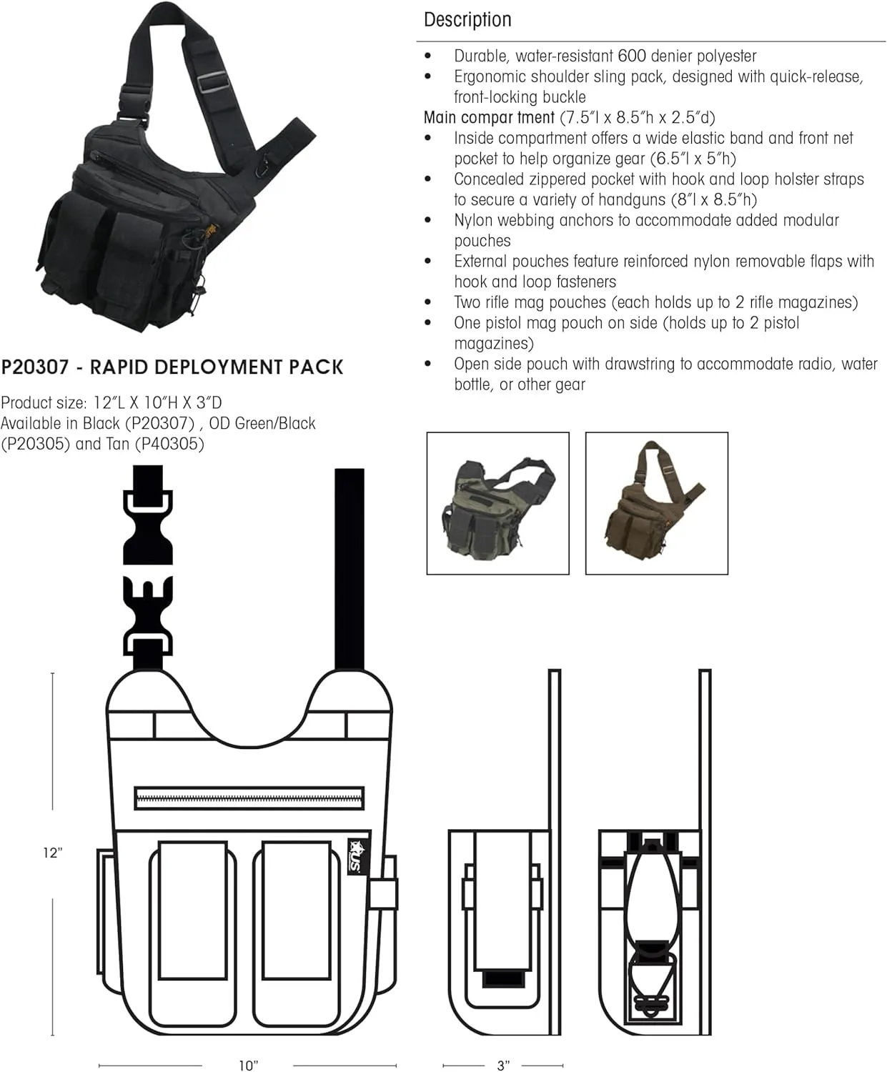 Rapid Deployment Pack - Heavy Duty Water Resistant Fabric - Ergonomic Sling Pack - Concealed Pocket